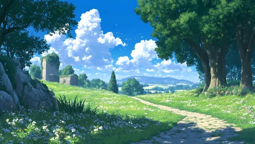 Stone path curves through sunlit meadow toward distant hills