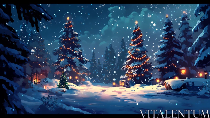 Snow-laden conifer forest shows illuminated festive trees at night