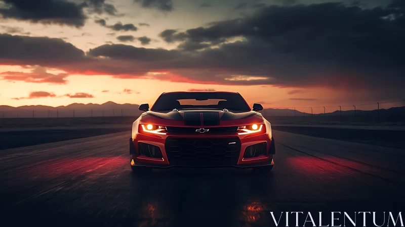 Red Chevrolet sports car on highway at sunset front view.