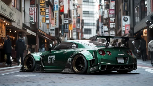 Modified green GT sports car on narrow urban street scene.