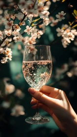 Hand holding sparkling drink against soft blossom backdrop.