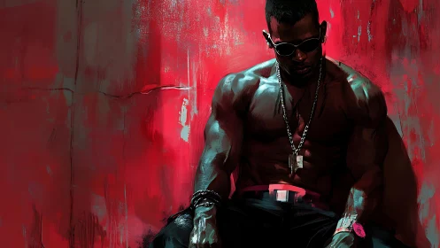 Brooding muscular man sits against raw crimson backdrop