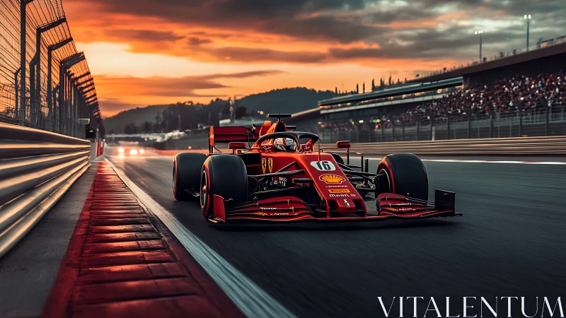 Red Formula 1 car powers through sunset-lit race circuit.
