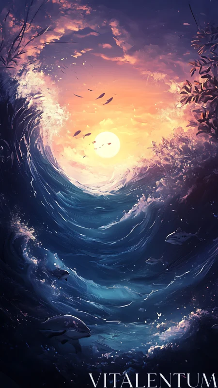 Vast ocean vortex framing glowing sun at vivid sunset.