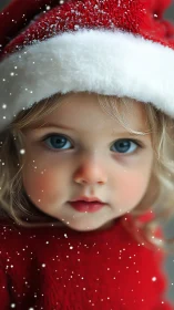 Softly falling snow frames a child in cozy Christmas red