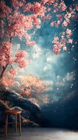 Cherry blossoms over rocky slope beneath stylized sky