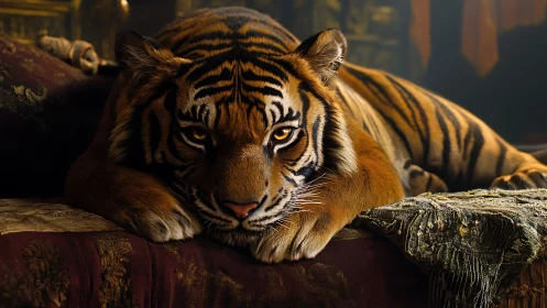 Low-key lit tiger resting on ornate fabric with shallow depth