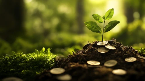 Photorealistic seedling on coins symbolizing sustainable growth.