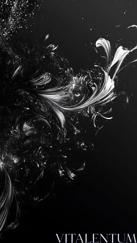 Monochrome fluid ribbons swirl through deep black void.