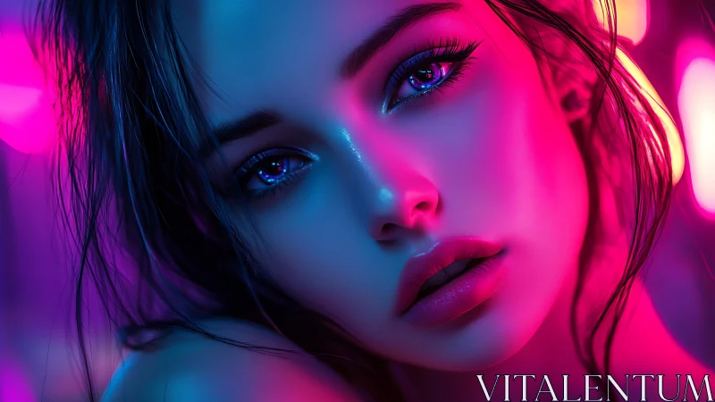 Neon lit close-up portrait of digitally rendered female face.