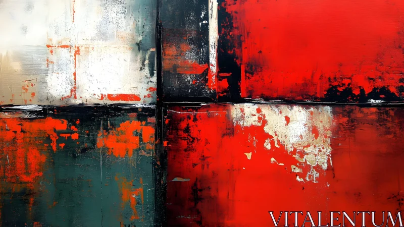 Bold abstract painting with geometric blocks and vivid red tones.