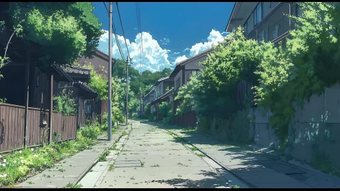 Quiet sunlit alley shows overgrown summer foliage and homes