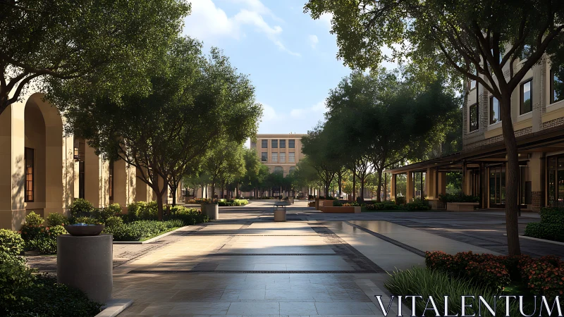 Symmetrical urban plaza with tree‑lined axis under soft daylight