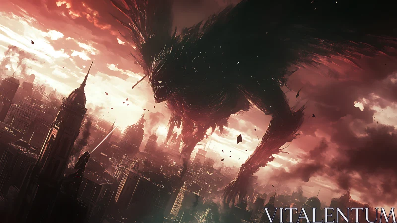 Colossal shadow demon looms over burning ruined cityscape