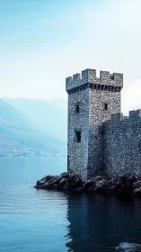 Stone coastal watchtower reflects softly in tranquil blue water