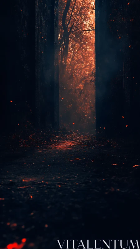 Forest corridor bathed in amber firelight with embers descending.