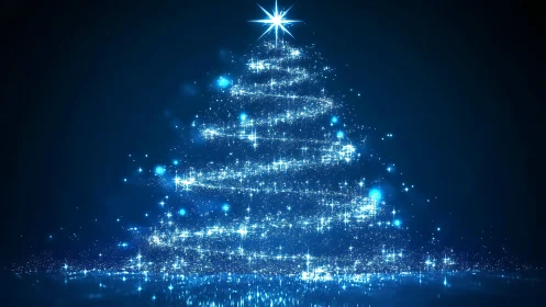Luminous blue Christmas tree formed by digital light trails.
