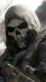 Hooded skull-masked soldier holding rifle in close view.