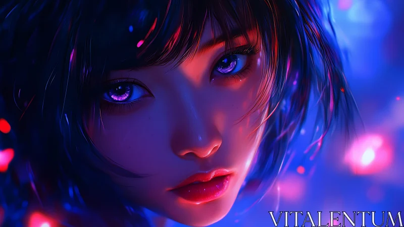 Neon-lit cyber gaze in hyperreal blue and magenta glow.