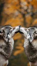 Symmetrical wolf pair touching noses against autumn bokeh