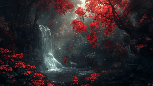 Scarlet Cascade: Where Crimson Foliage Meets Misty Wilderness