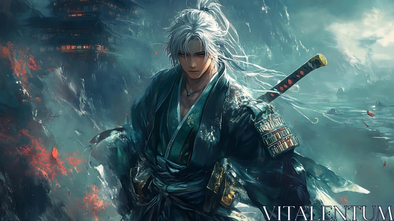 Storm-lit silver-haired samurai in teal armor dominates turbulent coast