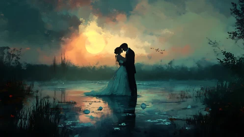 A Couple Shares a Romantic Kiss in Misty Wetlands