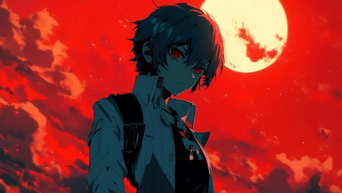 Stoic anime boy under intense red moonlit sky.