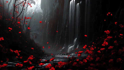 Waterfall Through Crimson Blooms in Misty Canyon.