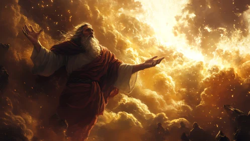 Elderly robed man raises arms amid blazing golden clouds.
