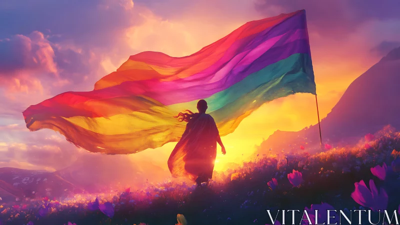 Radiant figure bearing rainbow flag at glowing sunset.