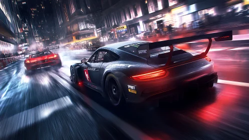 Night street racers slice through neon soaked rainstorm.