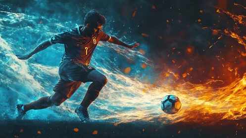 Dynamic football striker framed by opposing fire and water energies
