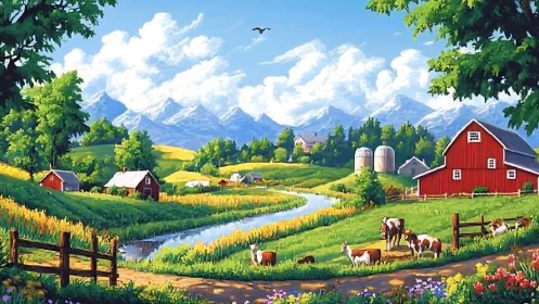 Vibrant pastoral valley with red barns and distant peaks.