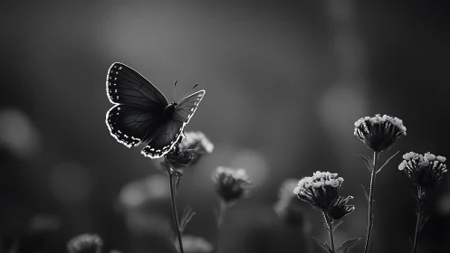 Softly poised butterfly rests among gentle meadow blooms