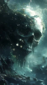 Colossal skull-continent dreams beneath storm-lit nebula tides