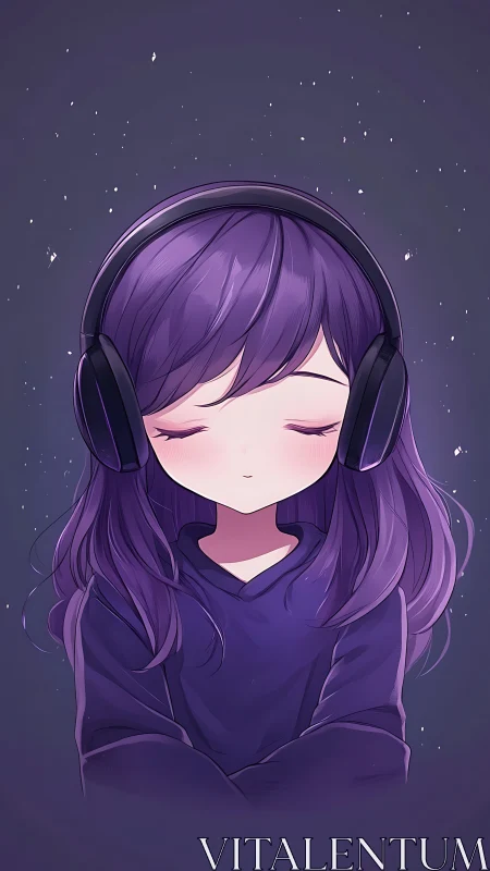 Purple haired girl with headphones in serene night calm.