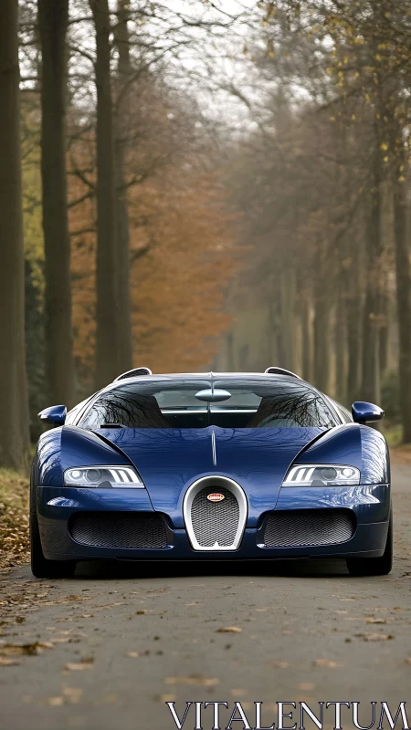 Midnight blue hypercar prowls a quiet autumn forest lane.