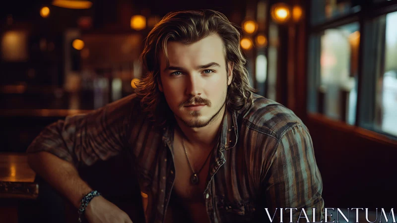 Handsome man gazes intensely in a warm cafe setting