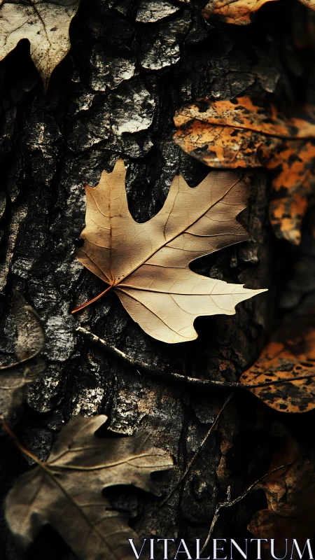 Dry oak leaves resting on dark textured tree bark.