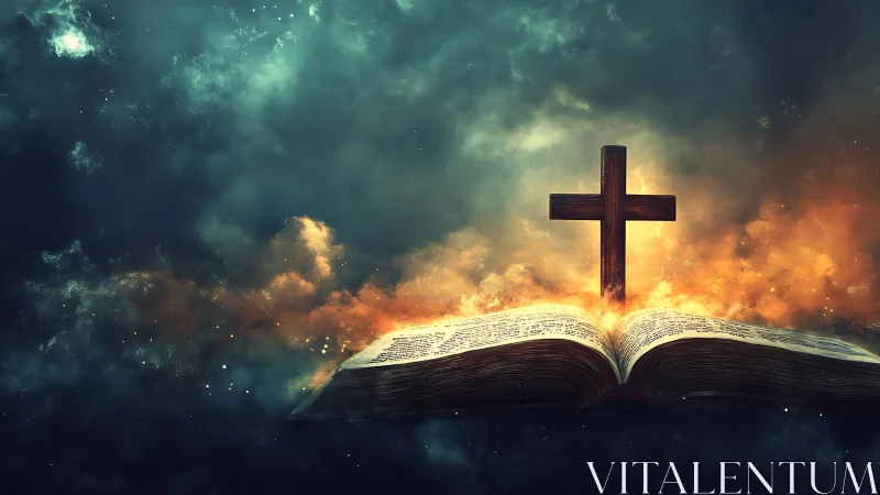 Glowing open Bible and wooden cross in a calm, misty light.