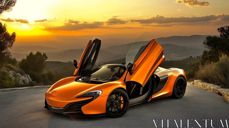 Sunlit orange supercar pausing proudly on a mountain road.
