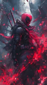 Masked red and black antihero in ruined neon cityscape.