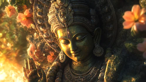 Digital painting of golden goddess relief with floral light halo.