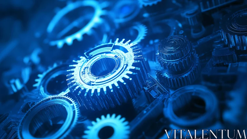 Glowing blue gears weaving a quiet dance of motion.