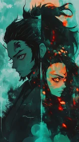 Dual inferno souls split by teal storms and ember light.