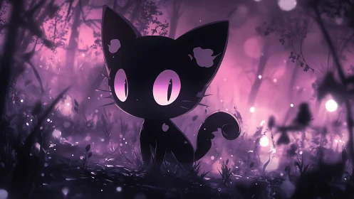Cartoon black cat stands in glowing purple forest scene