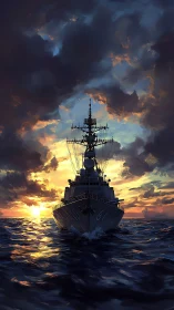 Sunset-lit naval ship cuts calmly across a glowing sea
