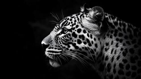 High-contrast monochrome leopard profile in directional lighting.
