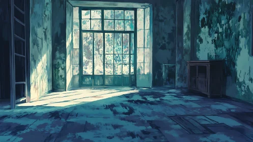 Sunlit abandoned room with peeling walls and tall windows.